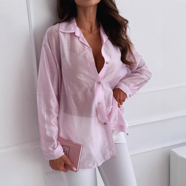 Women’s Button-Down Shirt – Oversized Fit – Rhinestone Detail – Long Sleeve Casual Style