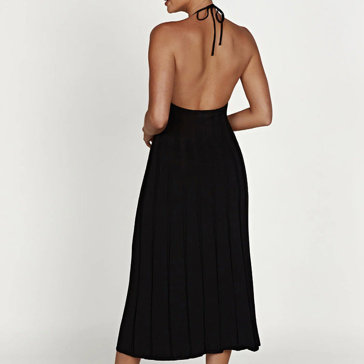 Women’s Midi Dress – Halter Neck – Ribbed Knit – Slim Fit – Flared Skirt