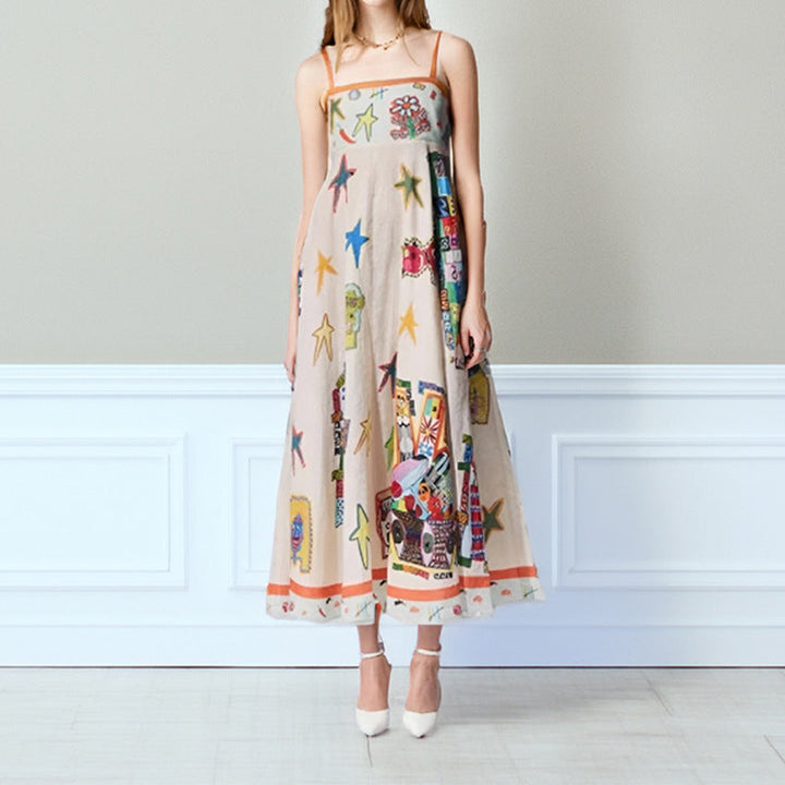 Women’s Maxi Dress – Flowing A-Line Fit – Straight Neck – Thin Straps – Artistic Print