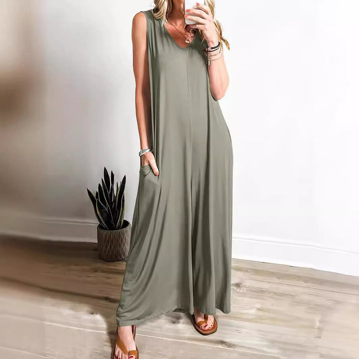 Women’s Maxi Dress – Soft Knit – Flowing Fit – Sleeveless V-Neck with Side Pockets