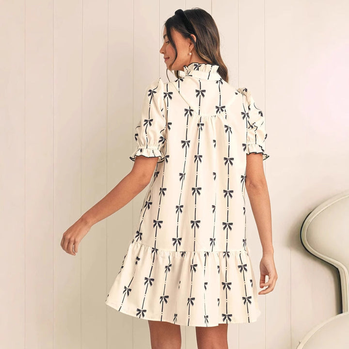 Women’s A-Line Dress – Keyhole Neckline – Puff Sleeve – Tiered Hem – All-Over Print