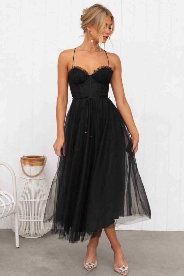 Women’s Midi Dress - A-Line Fit - Sweetheart Neckline - Sheer Overlay - Tie Waist