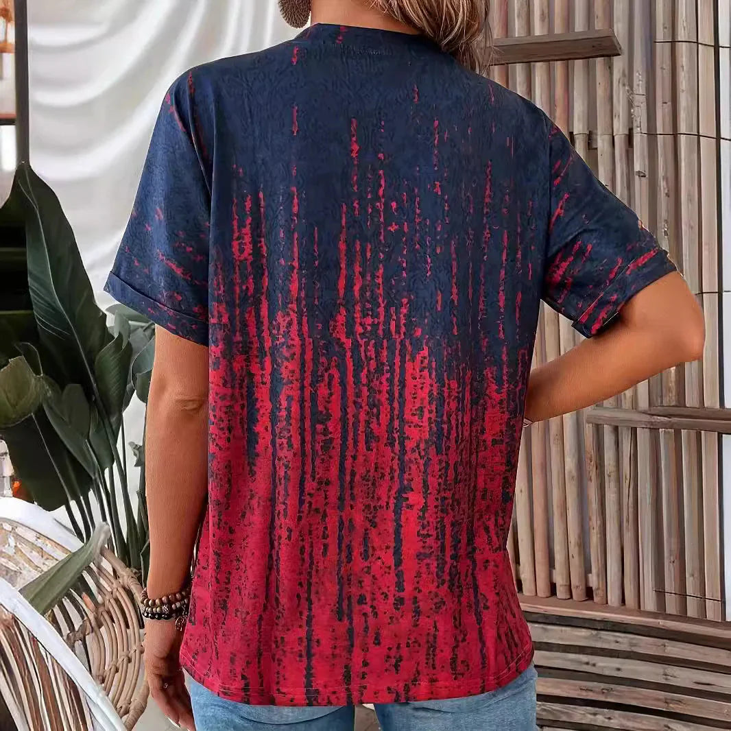 Women’s Blouse - Relaxed Fit - V-Neck Button Detail - Short Sleeve Cotton Feel