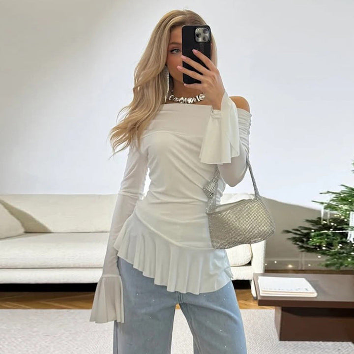 Women’s Off-Shoulder Top – Slim Fit – Ruffle Sleeve – Stretch Fabric