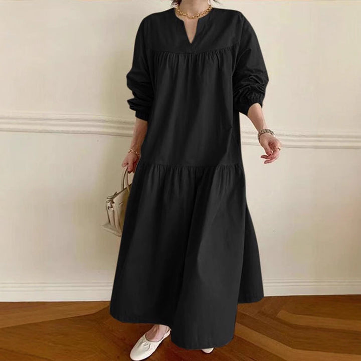 Women’s Maxi Dress - Loose Fit - V-Neck - Long Sleeve - Tiered Skirt Boho Style