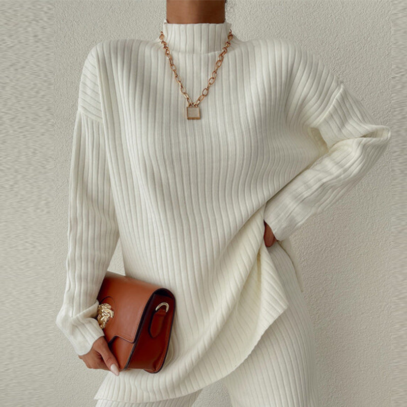 Women’s Knit Loungewear Set – Ribbed Texture – Relaxed Fit – Semi-High Neck – Full Length