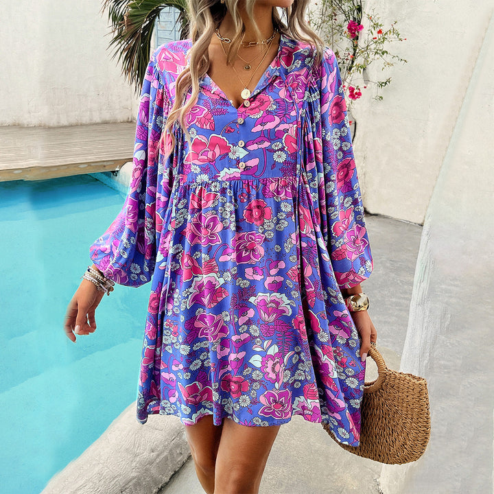 Women’s Mini Dress – Lightweight Rayon – Relaxed Fit – V-Neck Long Sleeve Boho Style