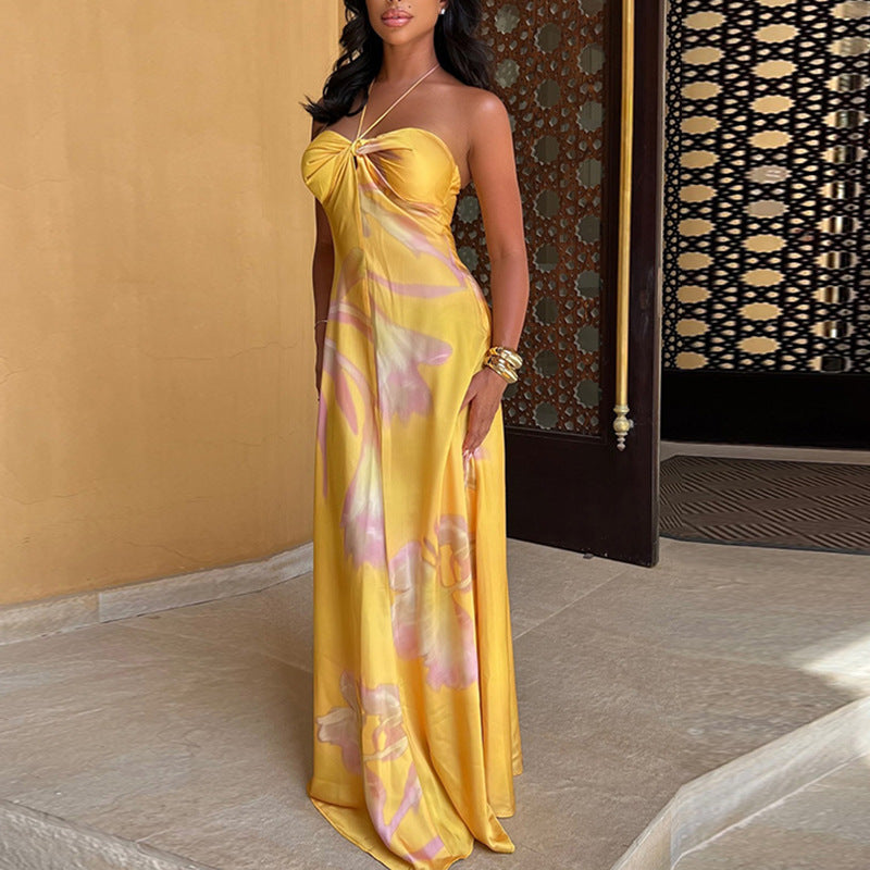 Women’s Maxi Dress - Halter Neck - Twist Front Bodice - Flowy Silky Fabric