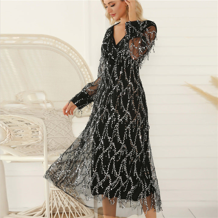 Women’s Midi Dress – V-Neck – Long Sheer Sleeves – Sequin Embellished – A-Line Fit