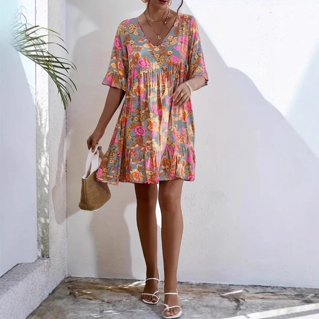 Women’s Boho Dress – Flowy Fit – V-Neck – Ruffle Sleeve – Floral Print – Cotton