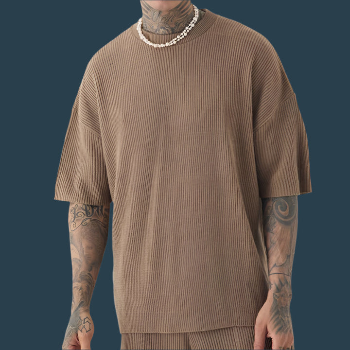 Men's Casual Set – Ribbed Knit – Relaxed Fit – Short Sleeve Top with Matching Shorts