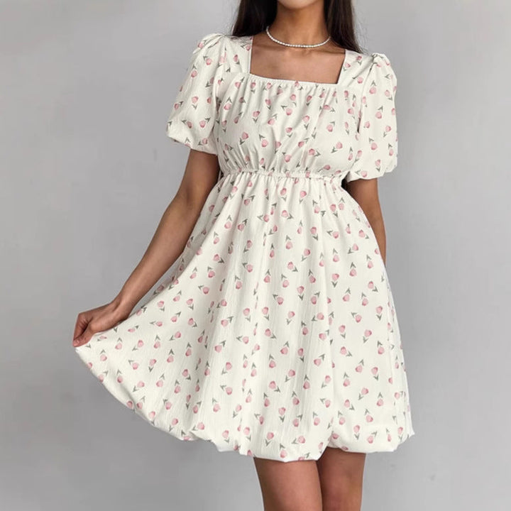 Women’s A-Line Dress – Square Neck – Puff Sleeve – Fitted Waist – Subtle Print