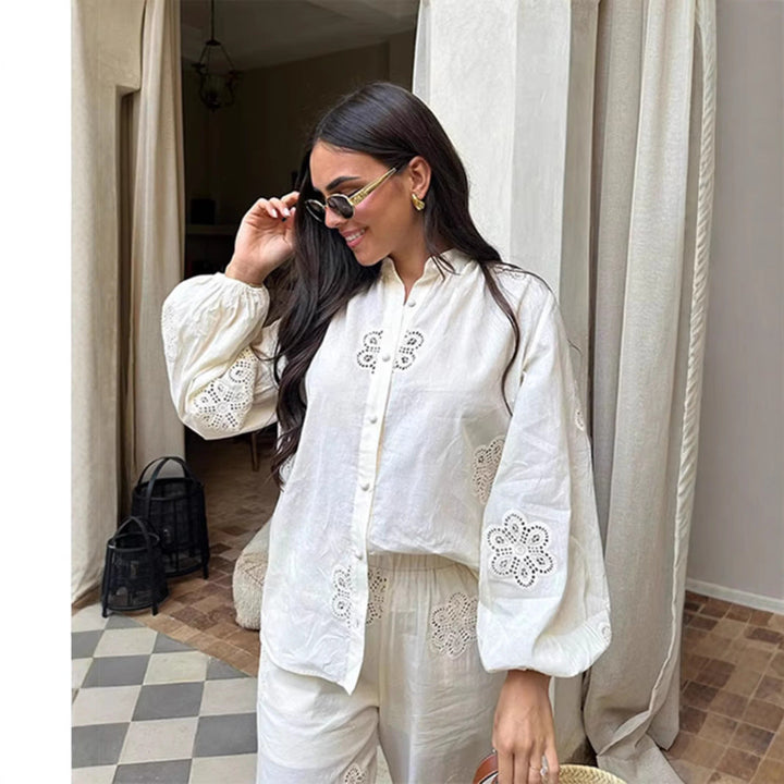 Women's Two-Piece Set - Relaxed Fit Blouse with Embroidery - Wide-Leg Pants - Button Closure
