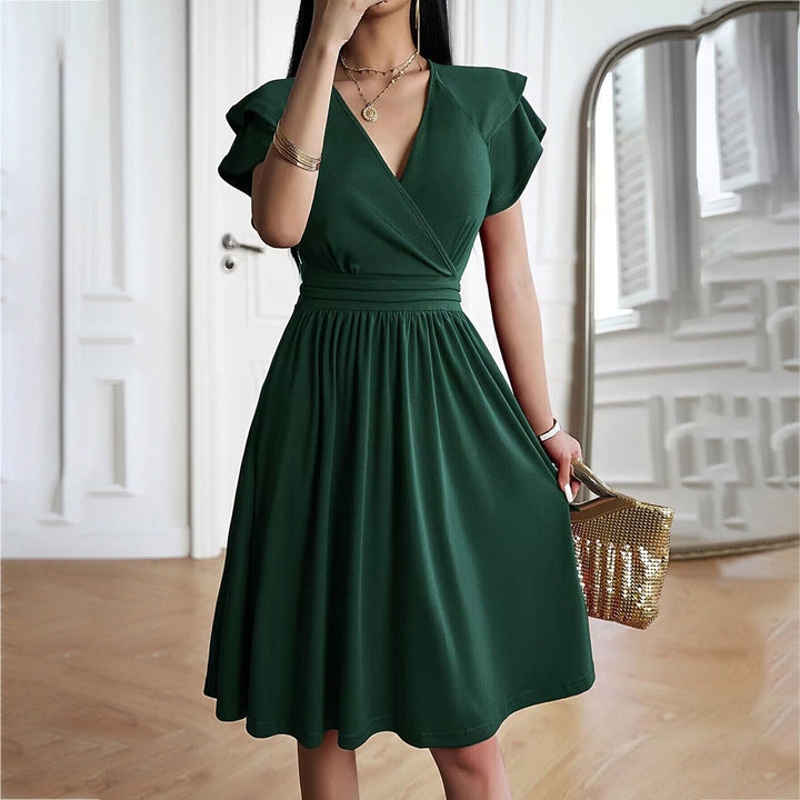 Women's V-Neck Wrap Dress - Short Flutter Sleeve - Fitted Waist - Knee-Length Elegant Wear