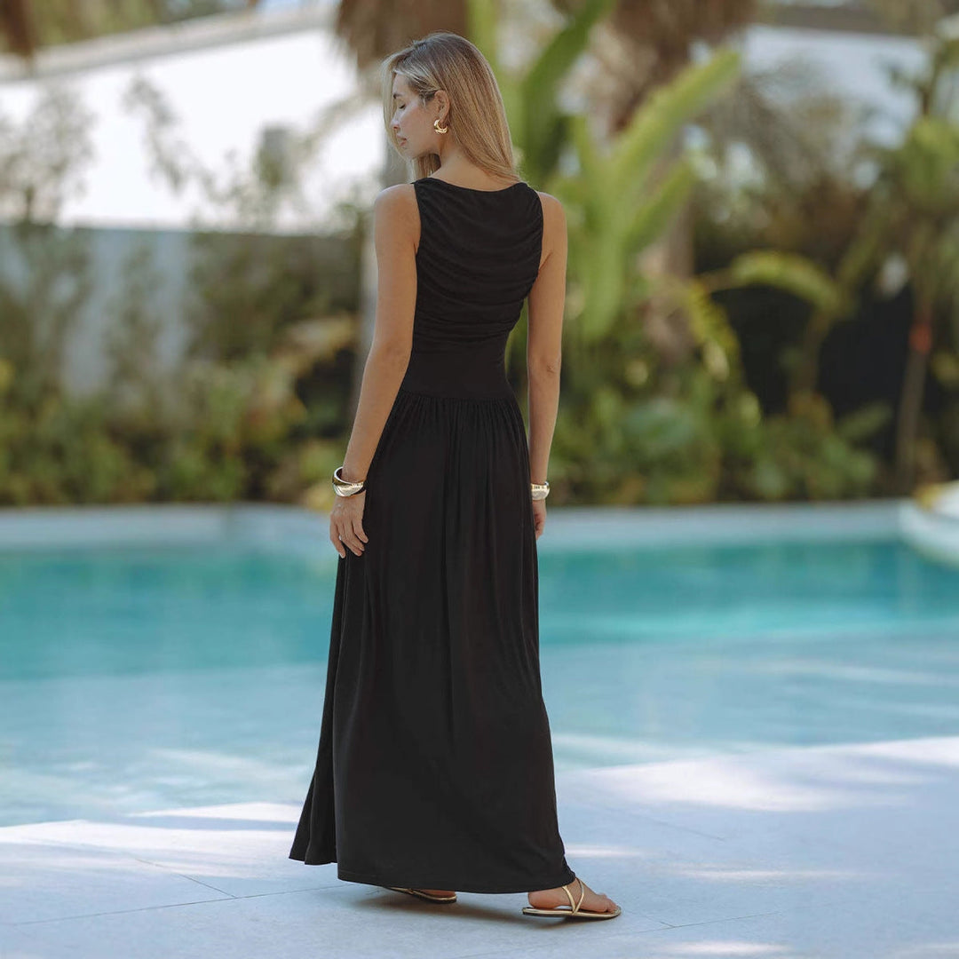 Women’s Sleeveless Dress – Fitted Bodice – Draped Neckline – Full Length Elegant Style
