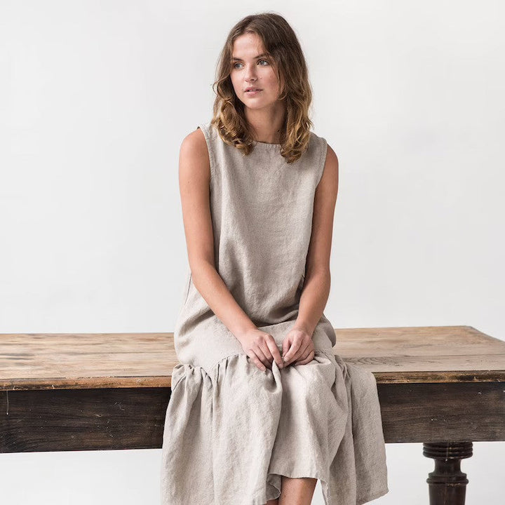 Women’s Sleeveless Dress - Lightweight Linen Blend - A-Line Fit - Ruffled Hem