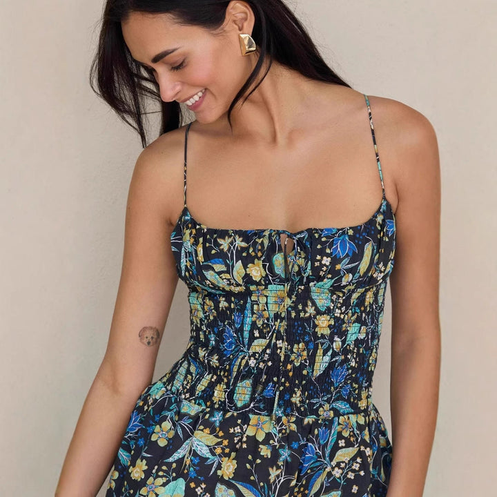 Women’s Mini Dress – Smocked Waist – Floral Print – Adjustable Straps – Lightweight Fit