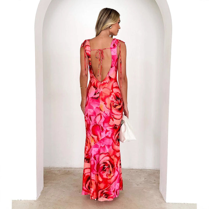 Women’s Maxi Dress – Deep V-Neck – Floral Print – Sleeveless – Flattering Fit