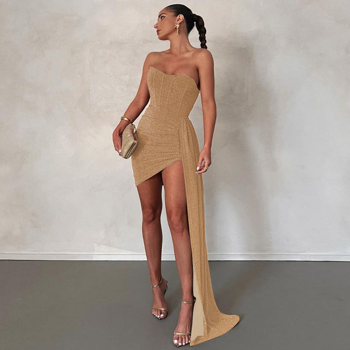 Women’s Strapless Evening Dress - Bodycon Fit - Asymmetrical Hem - Draped Slit Skirt
