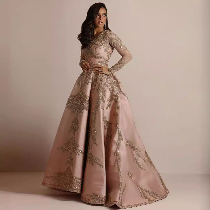Women’s Evening Gown – Fitted Bodice – Full Skirt – Sequin Embellished – Deep V-Neck – Long Sleeve