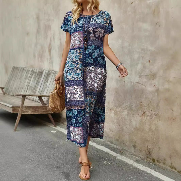 Women’s Midi Dress - Relaxed Fit - Short Sleeve - Paisley Patchwork - Breathable Blend