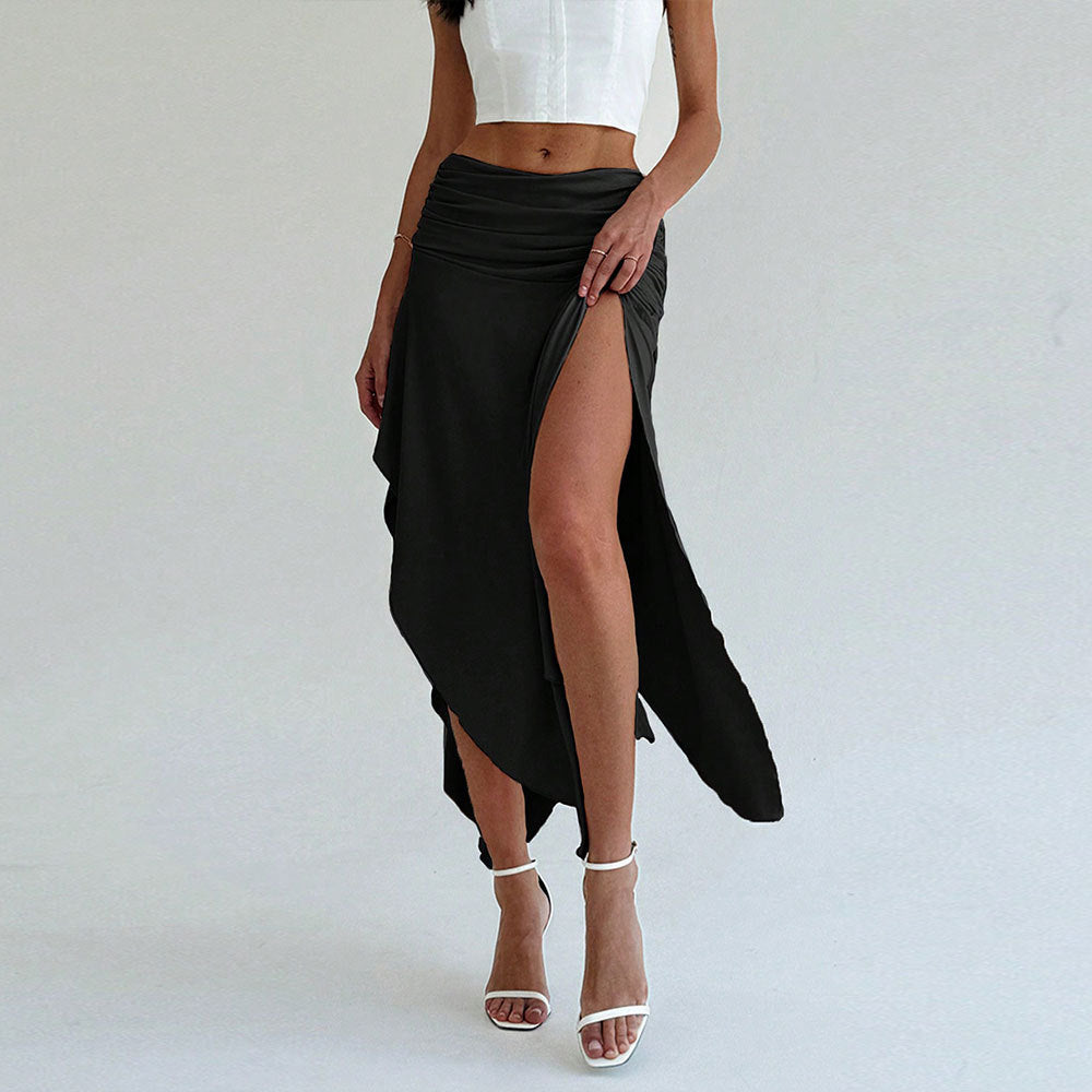Women’s Midi Skirt – High Waist – Ruched Waistband – Asymmetrical Hem – Flowy Fit