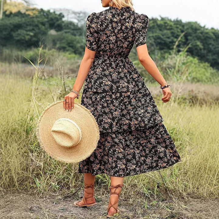 Women’s Midi Dress – Tiered A-Line – Short Sleeve – High Neck – Flowy Fit