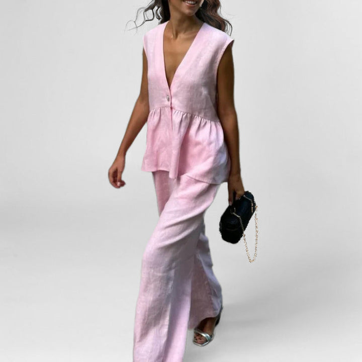Women's Two-Piece Set - Peplum Sleeveless V-Neck Top - Button Closure - High-Waist Wide-Leg Pants