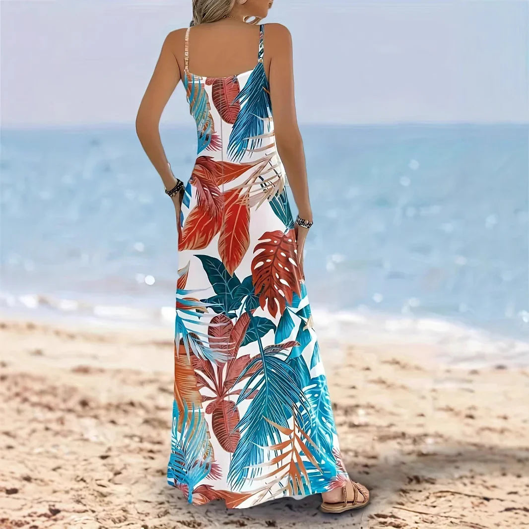 Women’s Maxi Dress – Flowing Fit – Sleeveless – Spaghetti Straps – Tropical Leaf Print