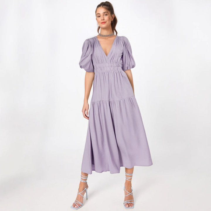 Women’s Midi Dress – A-Line Silhouette – Deep V-Neck – Puff Sleeves – Tiered Skirt