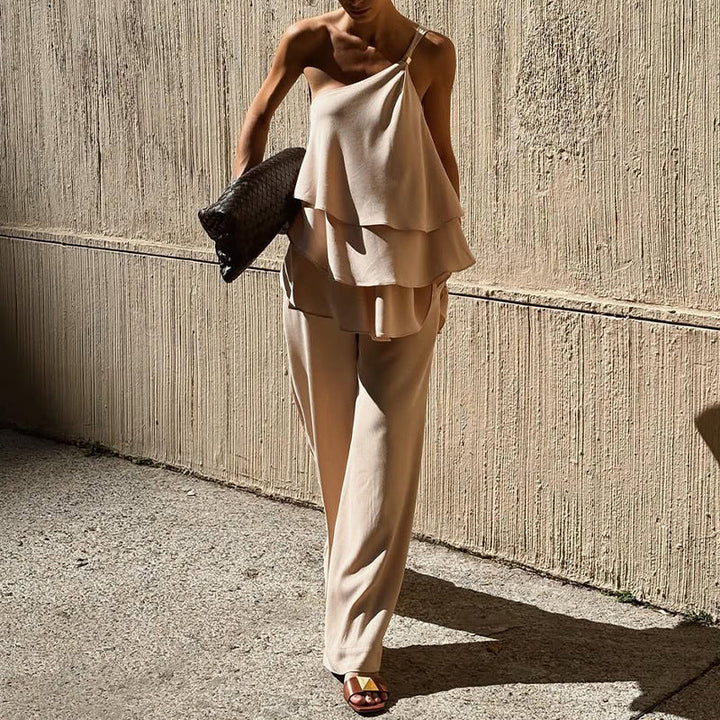 Women's Two-Piece Set - Asymmetrical Ruffle Top - Wide-Leg Trousers - Relaxed Fit