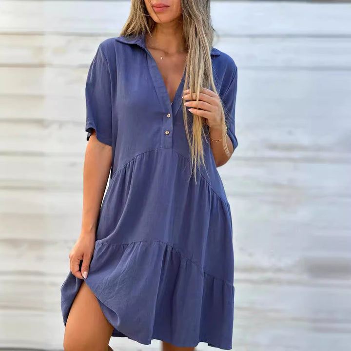 Women’s Casual Dress – Relaxed Fit – Short Sleeve – Collared – Tiered Natural Fibers