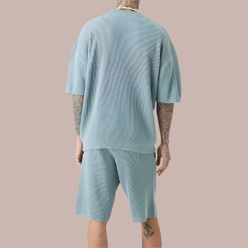 Men's Casual Set – Ribbed Knit – Relaxed Fit – Short Sleeve Top with Matching Shorts
