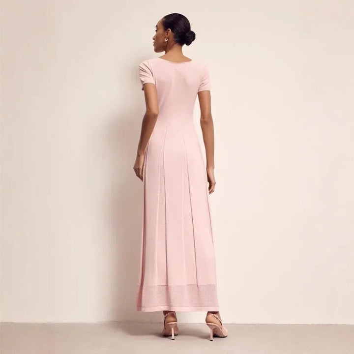 Women’s Maxi Dress - V-Neck - Short Sleeve - Fitted Bodice - Front Slit Flowing Hem