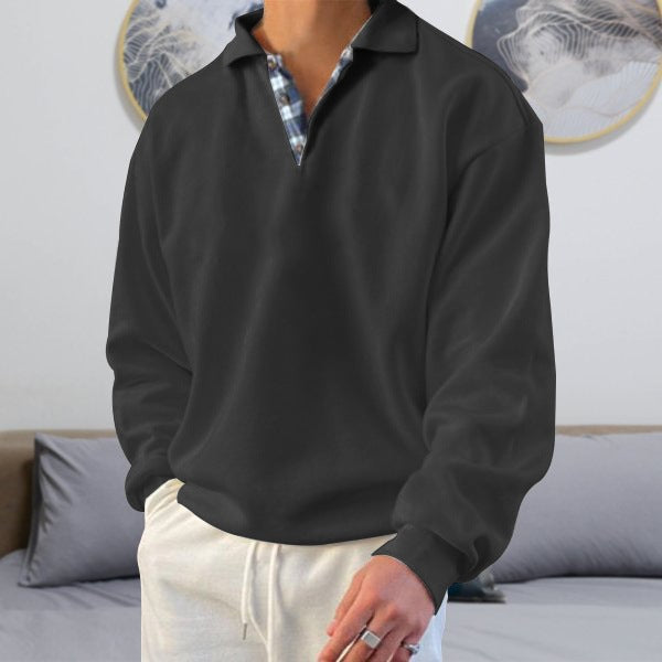 Men’s Sweatshirt – Soft Knit – Loose Fit – V-Neck Lapel – Ribbed Cuffs – Casual Wear