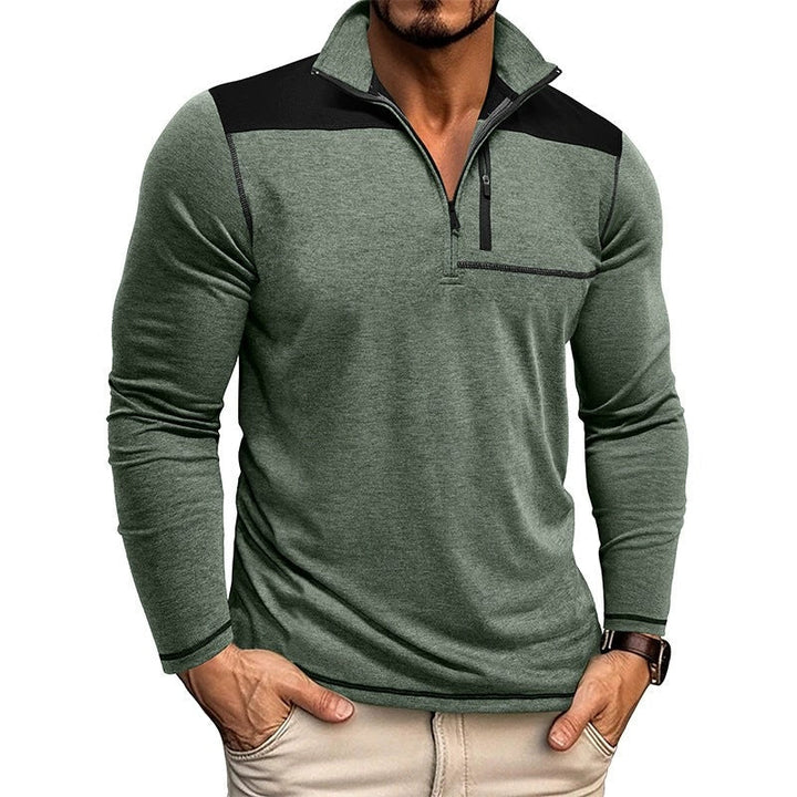 Men’s Pullover Shirt – Slim Fit – Soft Knit – Half Zip – Contrast Panel – Long Sleeve