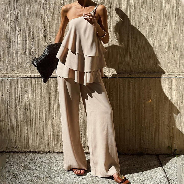 Women's Two-Piece Set - Asymmetrical Ruffle Top - Wide-Leg Trousers - Relaxed Fit