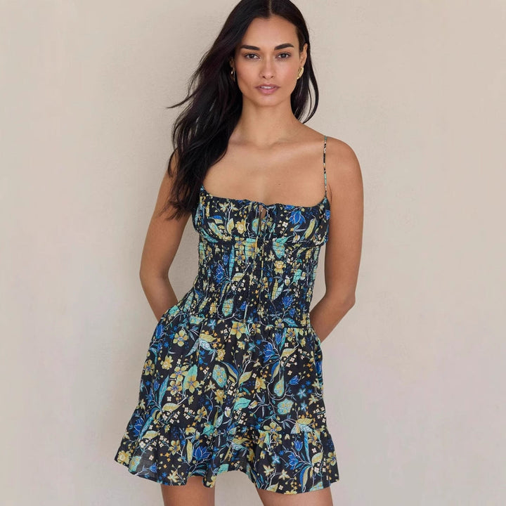 Women’s Mini Dress – Smocked Waist – Floral Print – Adjustable Straps – Lightweight Fit