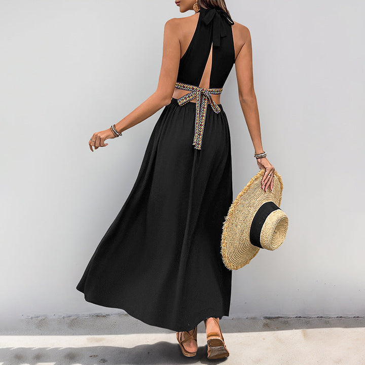 Women’s Halter Neck Dress – Cut-Out Waist – Knot Front – Flowy A-Line Midi Fit