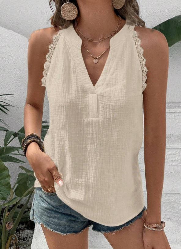 Women’s Sleeveless Top – Relaxed Fit – Lace Trim – V-Neck – Breathable Blend