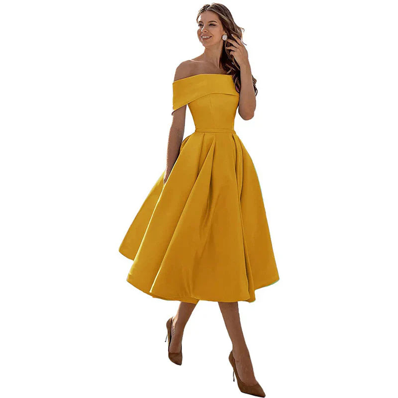 Women's Off-the-Shoulder Midi Dress - Fitted Bodice - Pleated Flared Skirt - Elegant Formal Wear