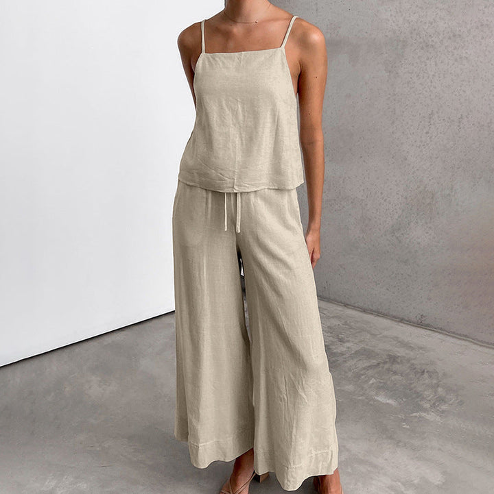 Women’s Jumpsuit - Lightweight Cotton Linen - Relaxed Fit - Spaghetti Straps - Drawstring Waist