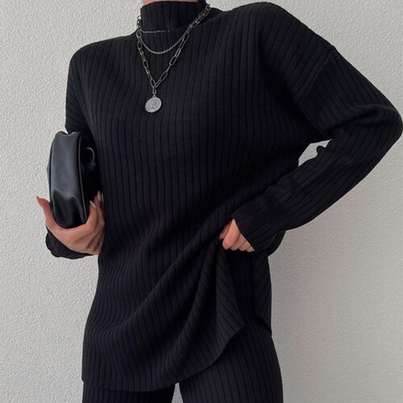 Women’s Knit Loungewear Set – Ribbed Texture – Relaxed Fit – Semi-High Neck – Full Length