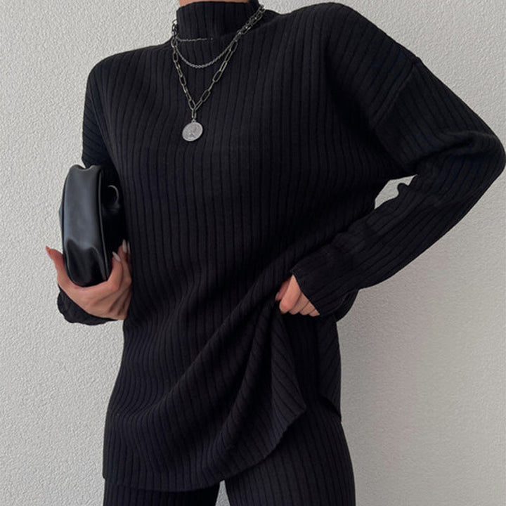 Women’s Knit Loungewear Set – Ribbed Texture – Relaxed Fit – Semi-High Neck – Full Length