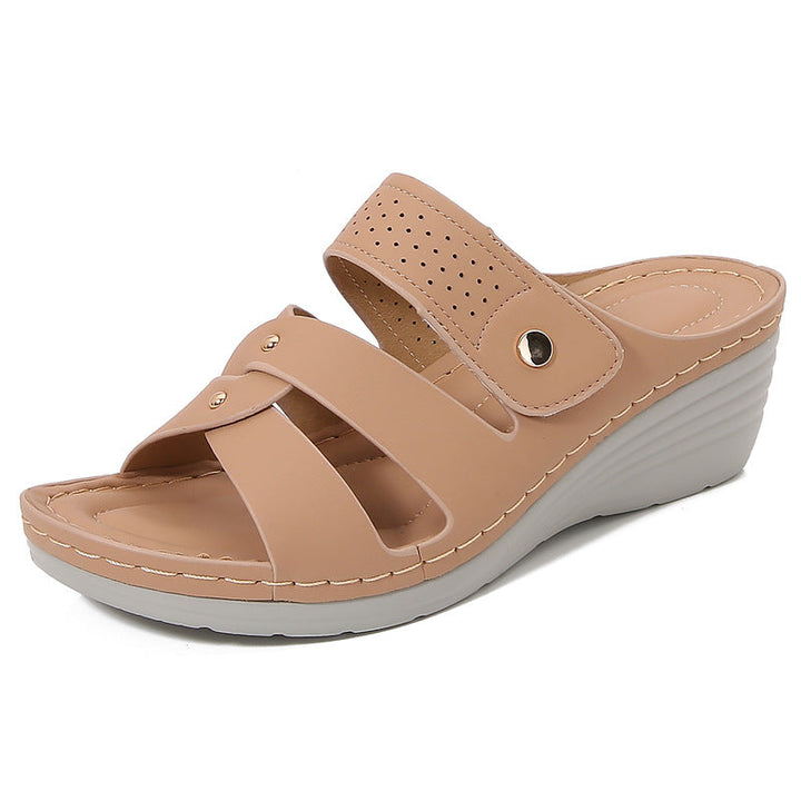 Women's Wedge Sandals – Open Toe – Slip-On Comfort – Rivet Strap – Casual Fit