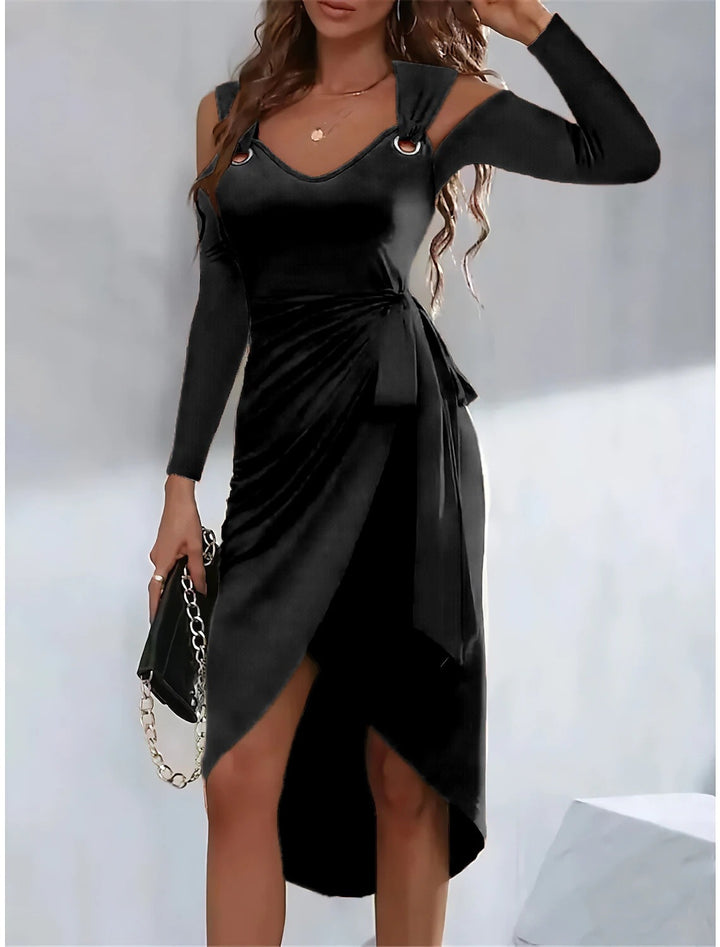 Women’s Wrap Dress – Slim Fit – V-Neck – Waist Tie – Shoulder Cut-Out – Asymmetric Hem