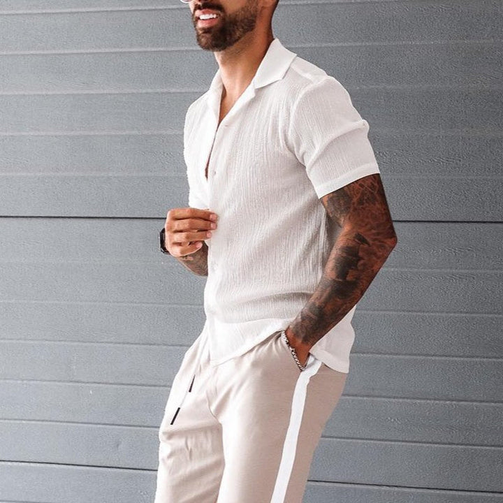 Men’s Short Sleeve Shirt - Slim Fit - Cotton Blend - Spread Collar - Button Up Casual