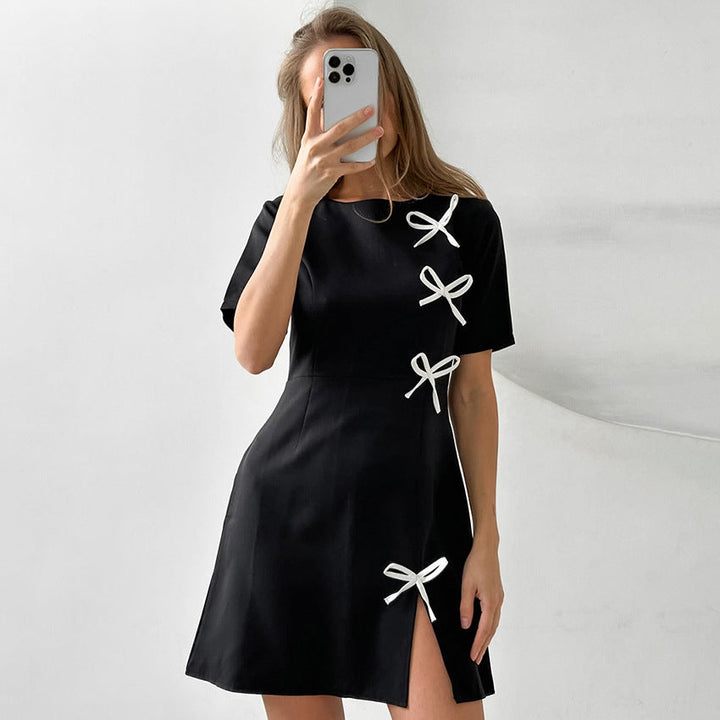 Women’s Straight Cut Dress – Fitted Waist – Short Sleeve – Side Bows – Slit Hem