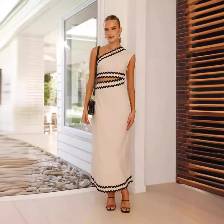 Women’s Maxi Dress – One Shoulder – Slim Fit – A-Line Silhouette – Zigzag Trim Detail