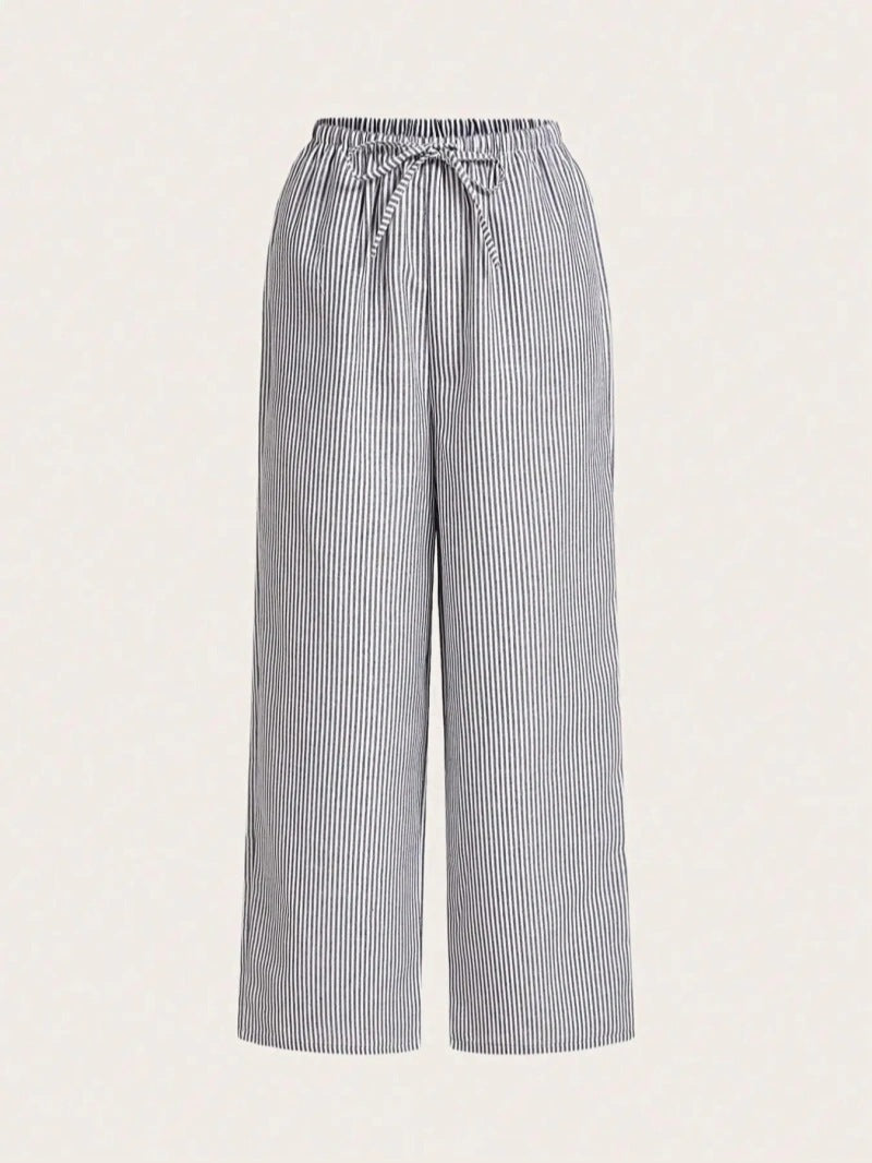 Women’s Straight-Leg Pants – Relaxed Fit – Breathable Fabric – Drawstring Waist – Striped